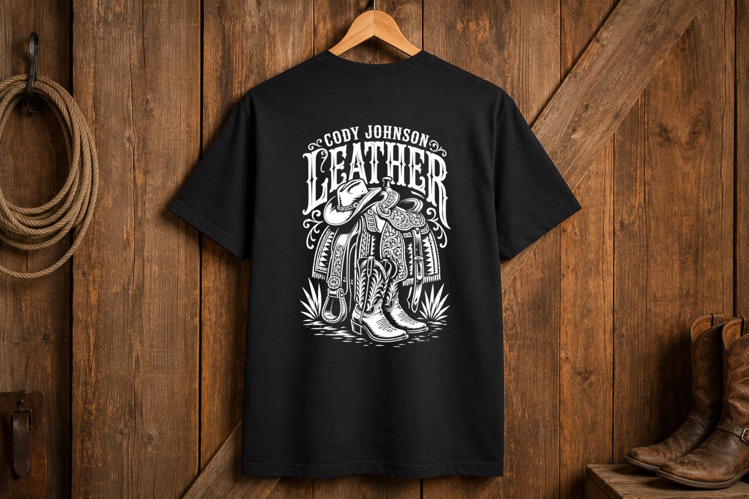 Cody Johnson Leather Song Black T-Shirt, Western Saddle Back Print
