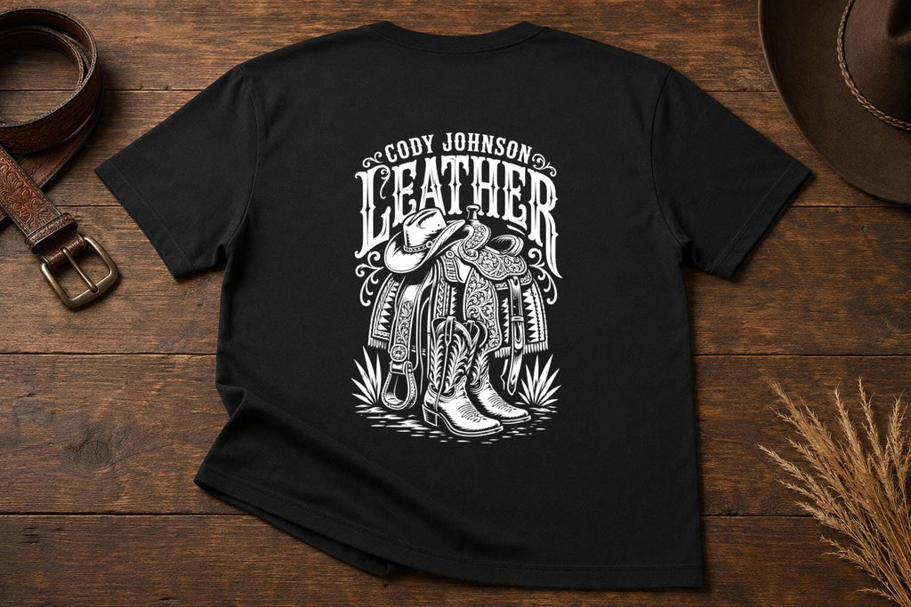 Cody Johnson Leather Song Black T-Shirt, Western Saddle Back Print