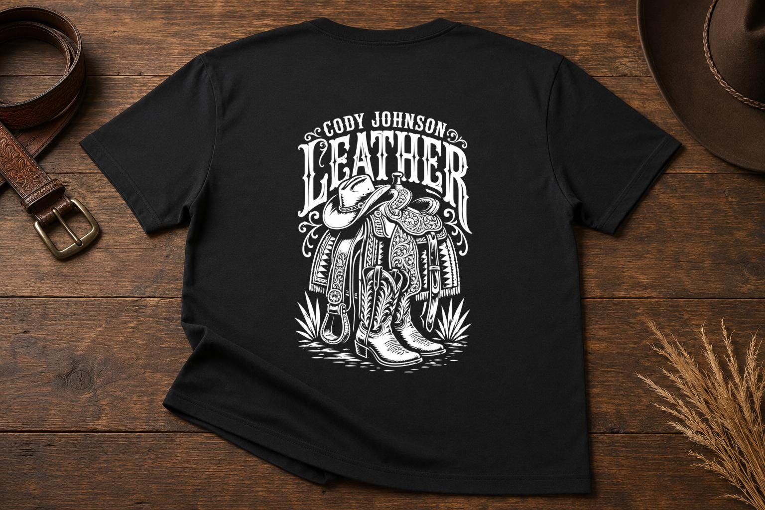 Cody Johnson Leather Song Black T-Shirt, Western Saddle Back Print