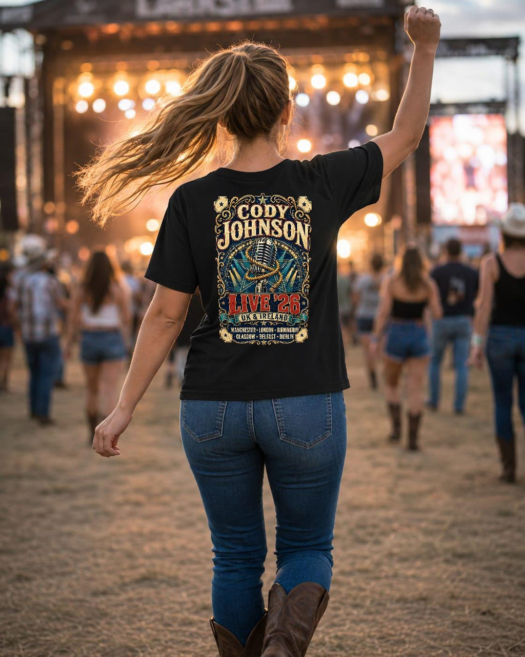 Cody Johnson Live 26 UK & Ireland Tour Black Concert T-Shirt with Western Back Print