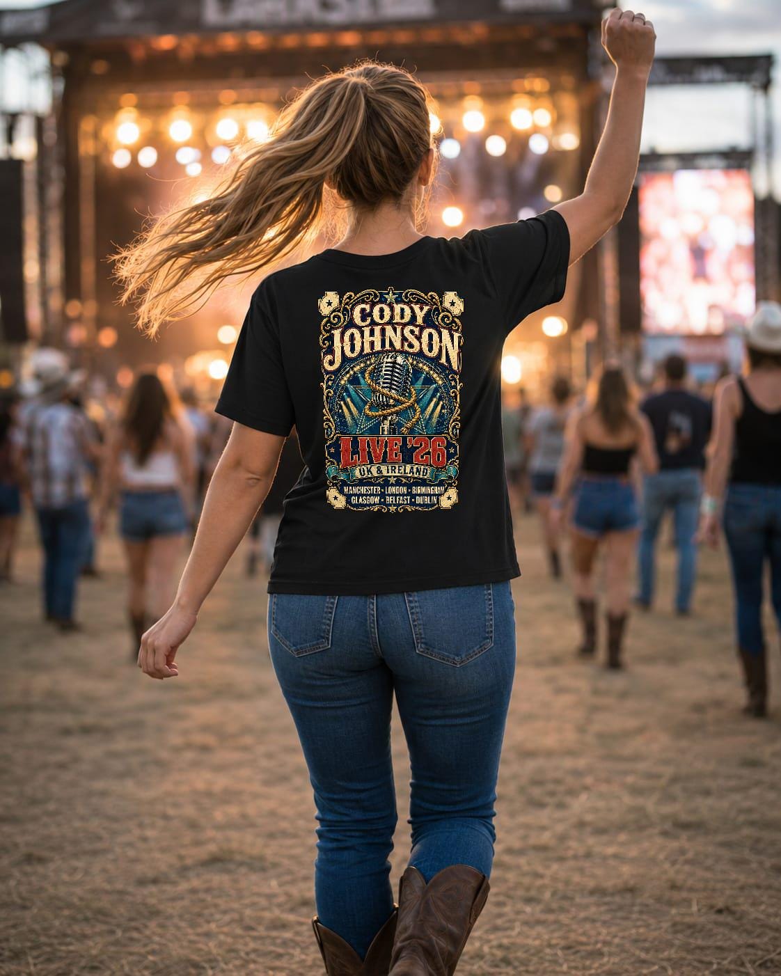 Cody Johnson Live 26 UK & Ireland Tour Black Concert T-Shirt with Western Back Print