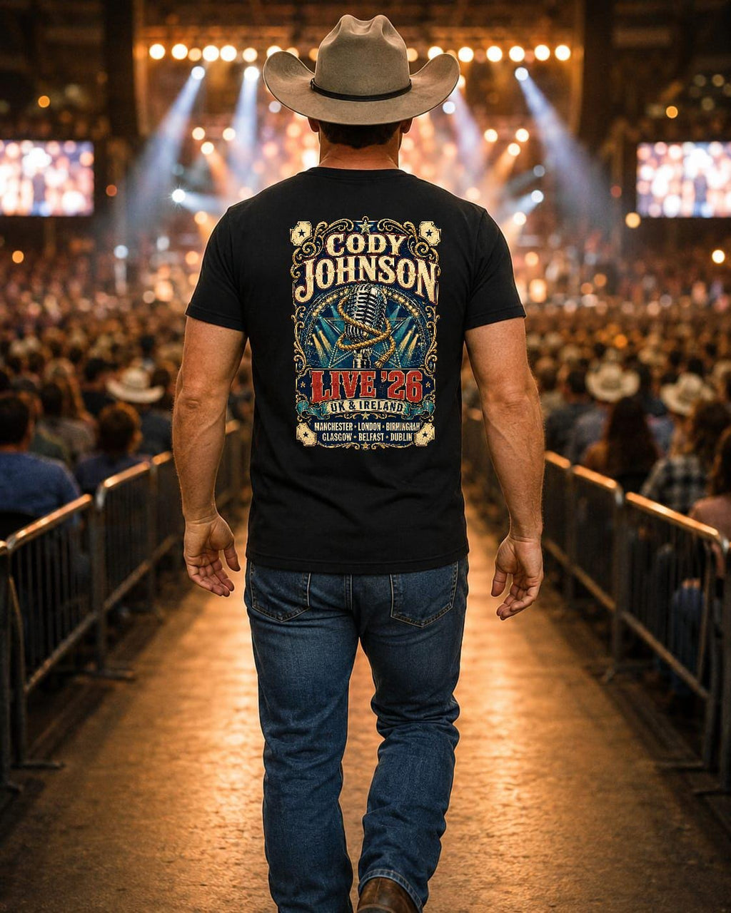 Cody Johnson Live 26 UK & Ireland Tour Black Concert T-Shirt with Western Back Print