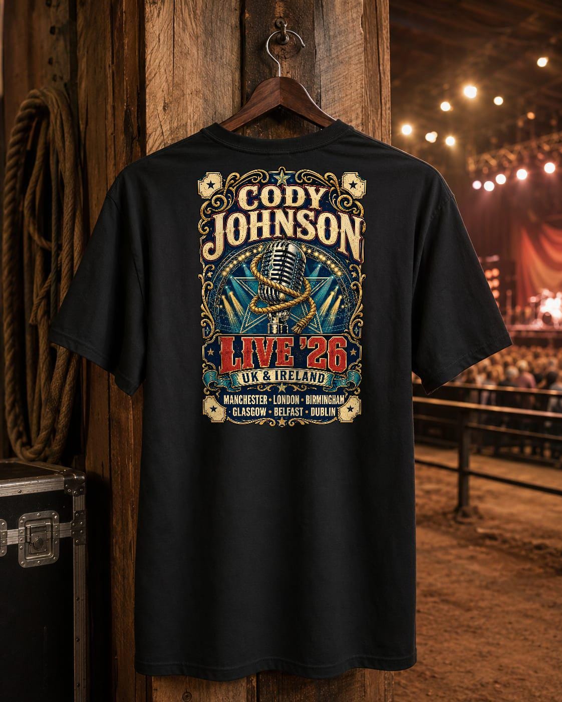 Cody Johnson Live 26 UK & Ireland Tour Black Concert T-Shirt with Western Back Print
