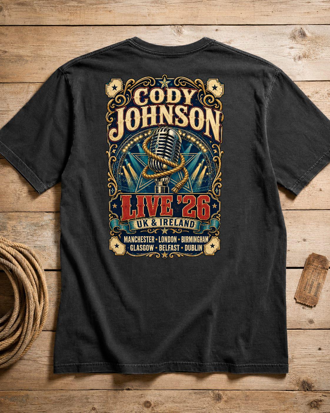 Cody Johnson Live 26 UK & Ireland Tour Black Concert T-Shirt with Western Back Print