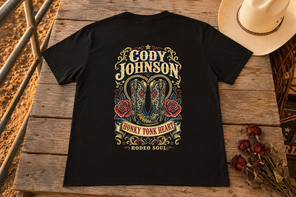 Cody Johnson Honky Tonk Heart Black T-Shirt, Western Cowboy Boots Back Print