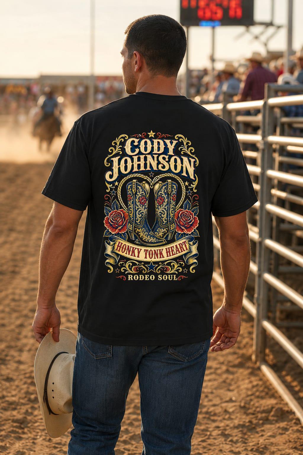 Cody Johnson Honky Tonk Heart Black T-Shirt, Western Cowboy Boots Back Print