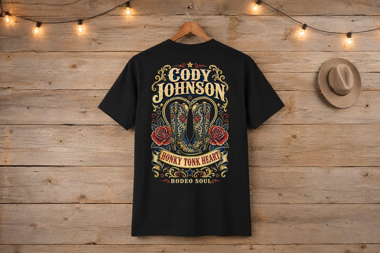 Cody Johnson Honky Tonk Heart Black T-Shirt, Western Cowboy Boots Back Print