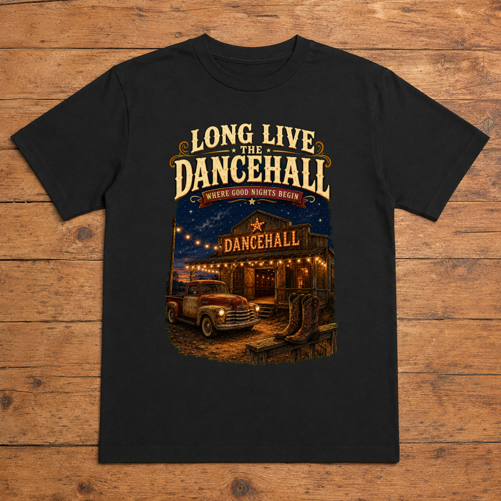 Long Live the Dancehall black country dancehall T-shirt flat lay with large back print