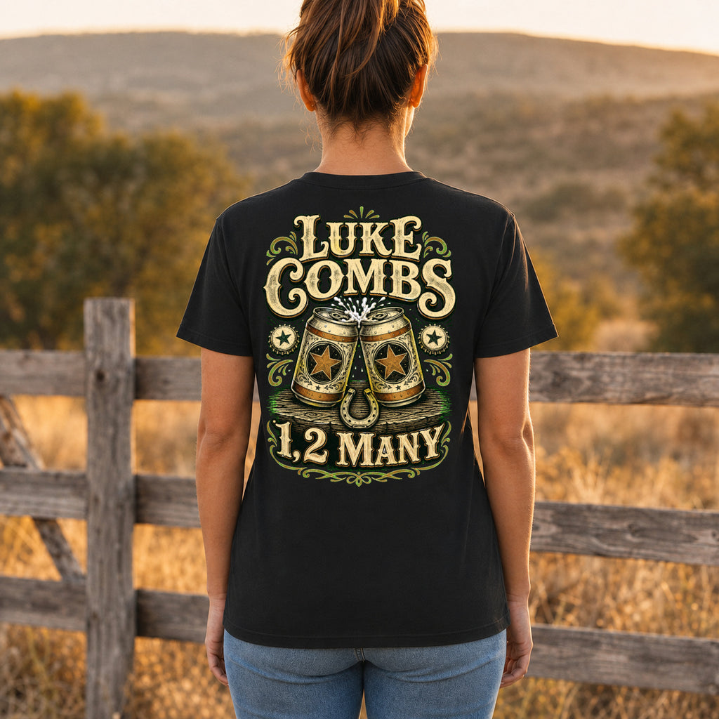 Luke Combs “1, 2 Many” Honky-Tonk Back-Print T-Shirt female back-view mockup