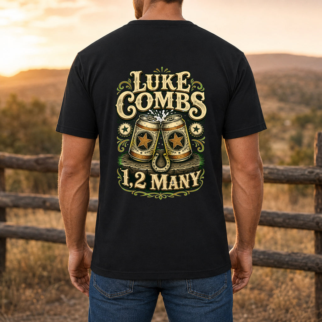 Luke Combs “1, 2 Many” Honky-Tonk Back-Print T-Shirt male back-view mockup