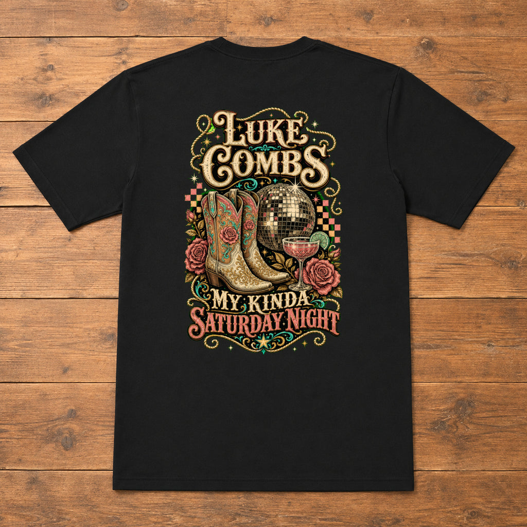 Luke Combs “My Kinda Saturday Night” Disco Back-Print T-Shirt flat-lay back view