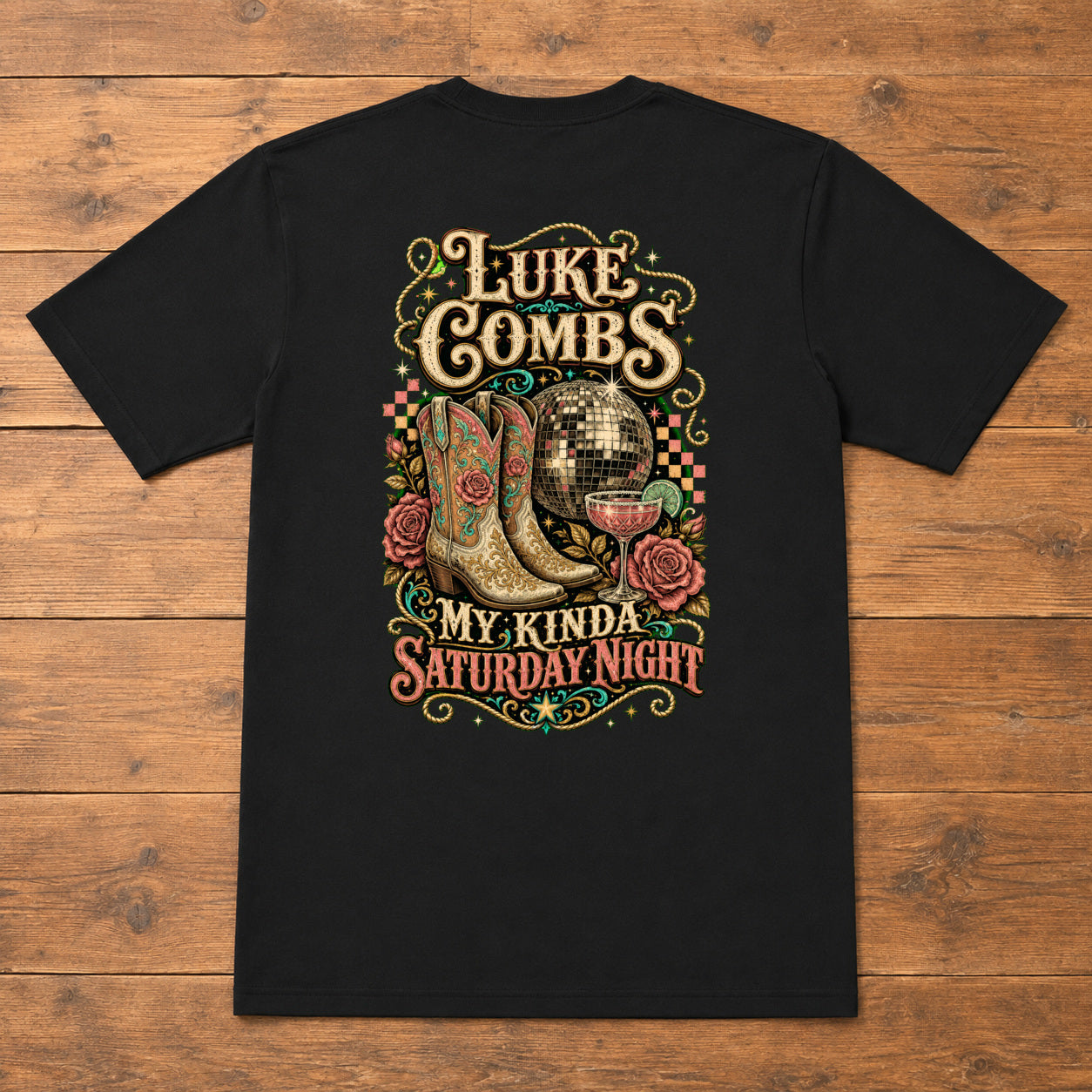 Luke Combs “My Kinda Saturday Night” Disco Back-Print T-Shirt flat-lay back view