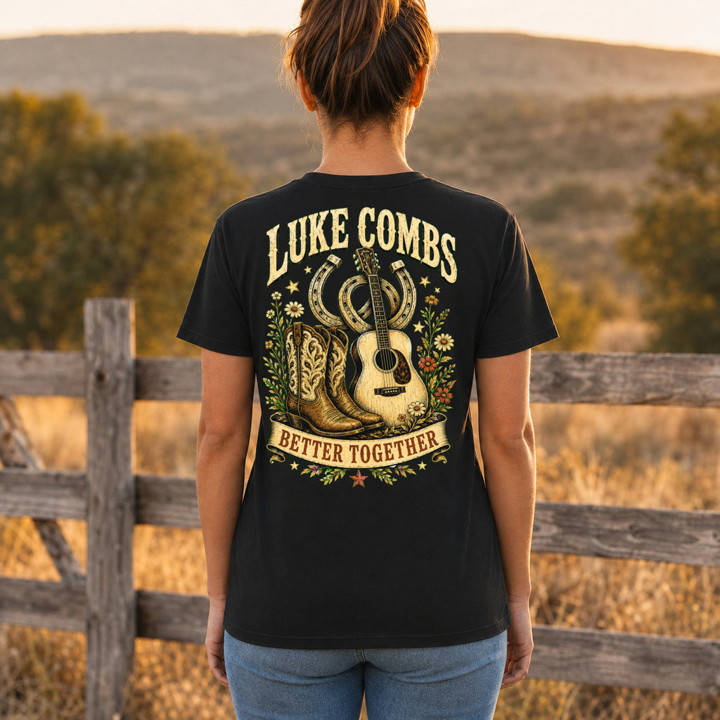 Luke Combs Better Together Boots & Guitar Back-Print T-Shirt female back-view mockup