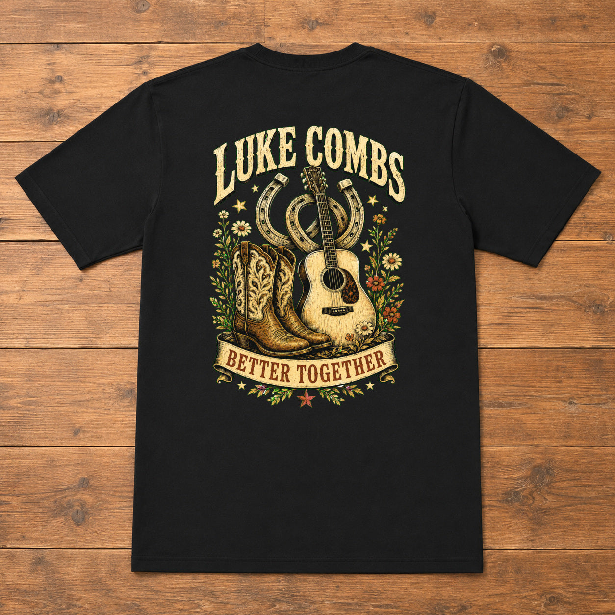 Luke Combs Better Together Boots & Guitar Back-Print T-Shirt flat-lay back view