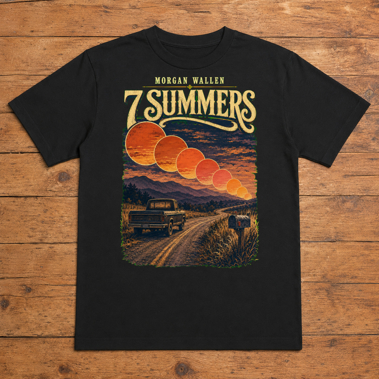 Morgan Wallen 7 Summers Premium DTF T-Shirt flat lay showing large back print