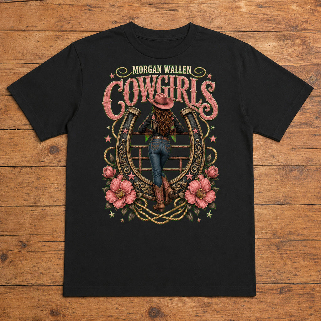 Morgan Wallen Cowgirls Premium DTF T-Shirt flat lay showing large back print