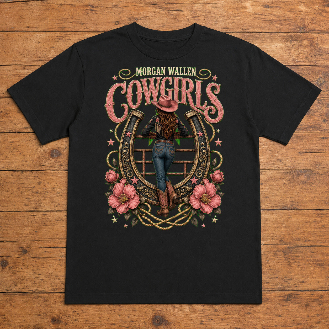 Morgan Wallen Cowgirls Premium DTF T-Shirt flat lay showing large back print