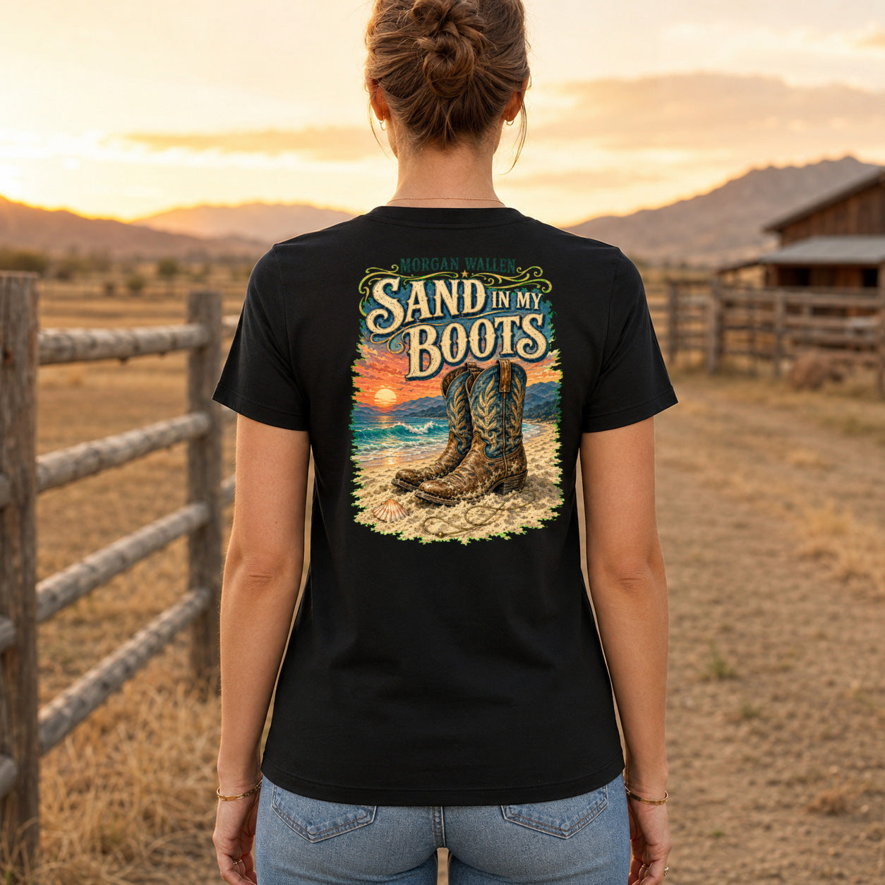 Morgan Wallen Sand in My Boots Premium DTF T-Shirt women’s back fit showing centred DTF print