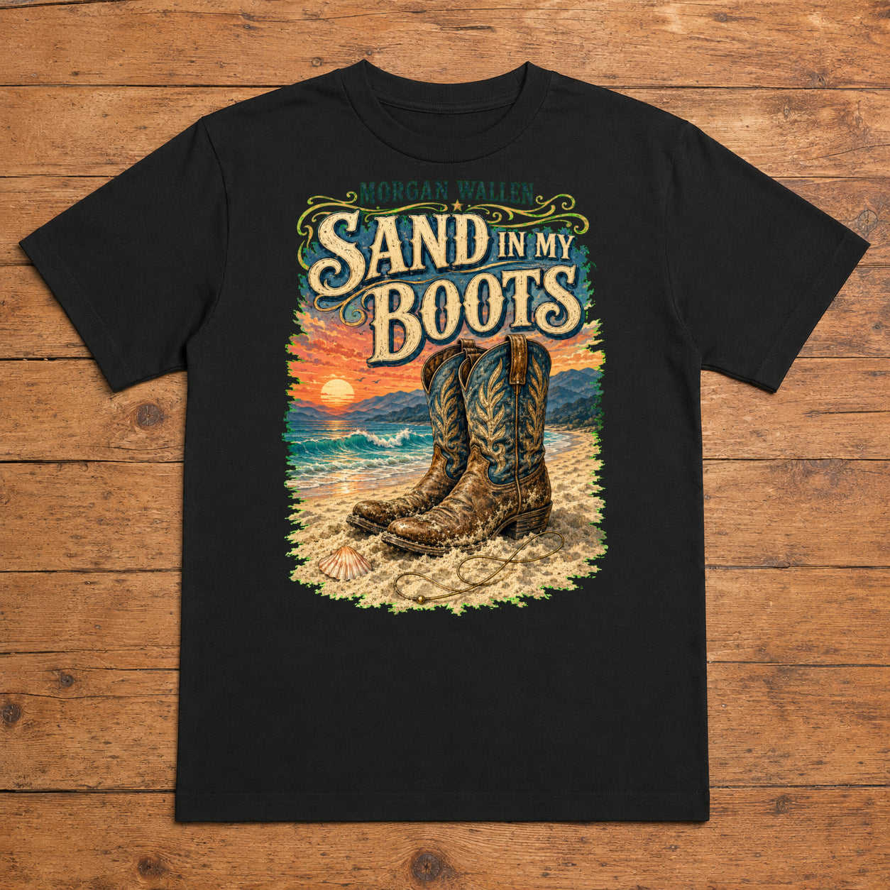 Morgan Wallen Sand in My Boots Premium DTF T-Shirt flat lay showing large back print