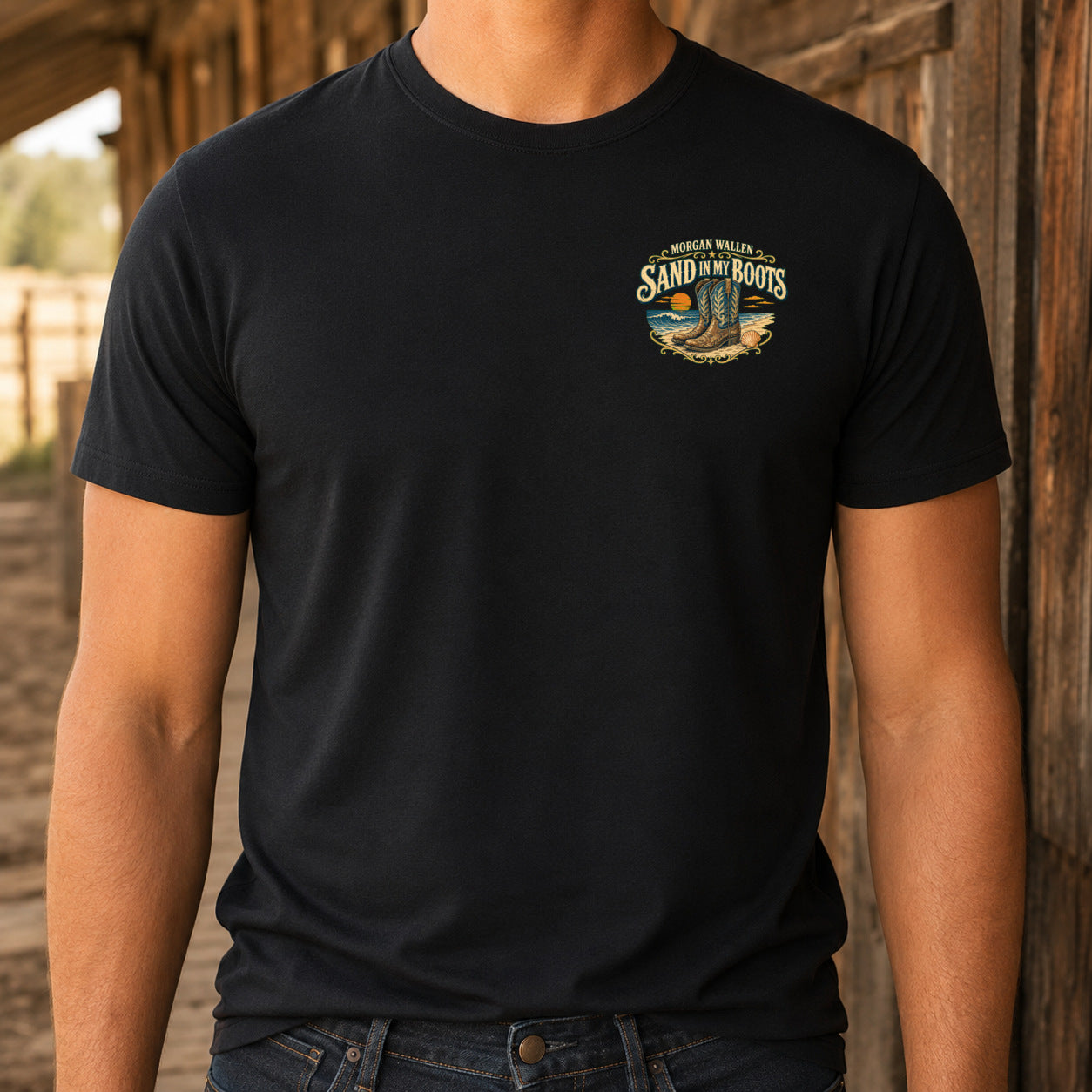 Morgan Wallen Sand in My Boots Premium DTF T-Shirt matching front left-chest print close-up