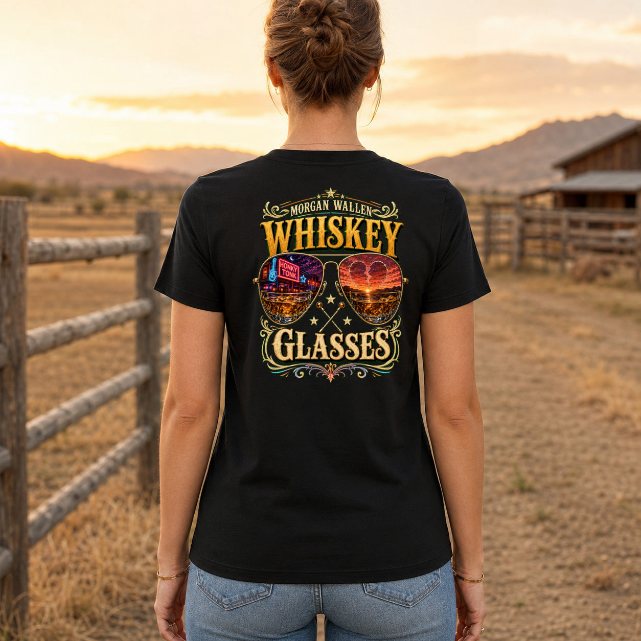 Morgan Wallen Whiskey Glasses Premium DTF T-Shirt women’s back fit showing centred DTF print