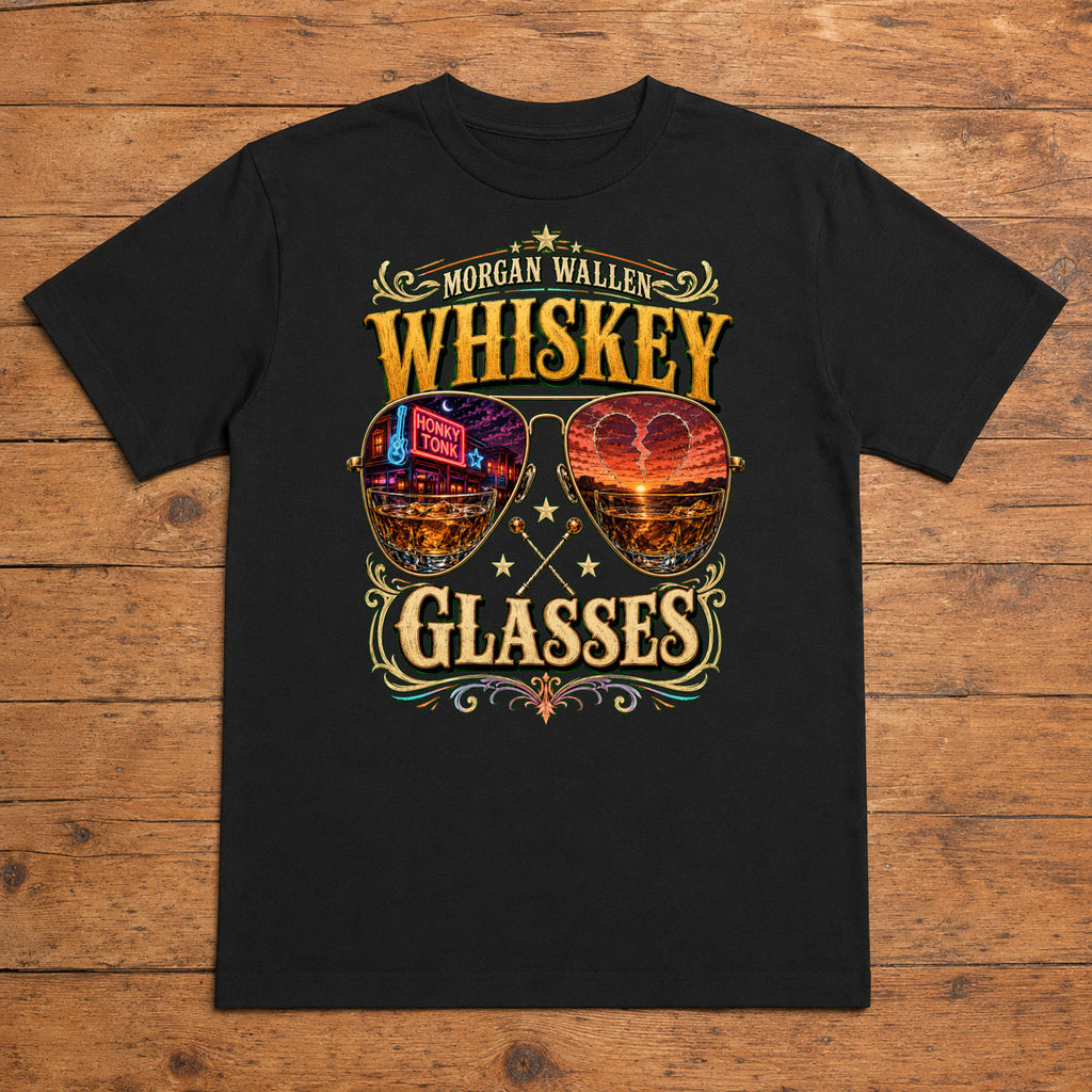 Morgan Wallen Whiskey Glasses Premium DTF T-Shirt flat lay showing large back print