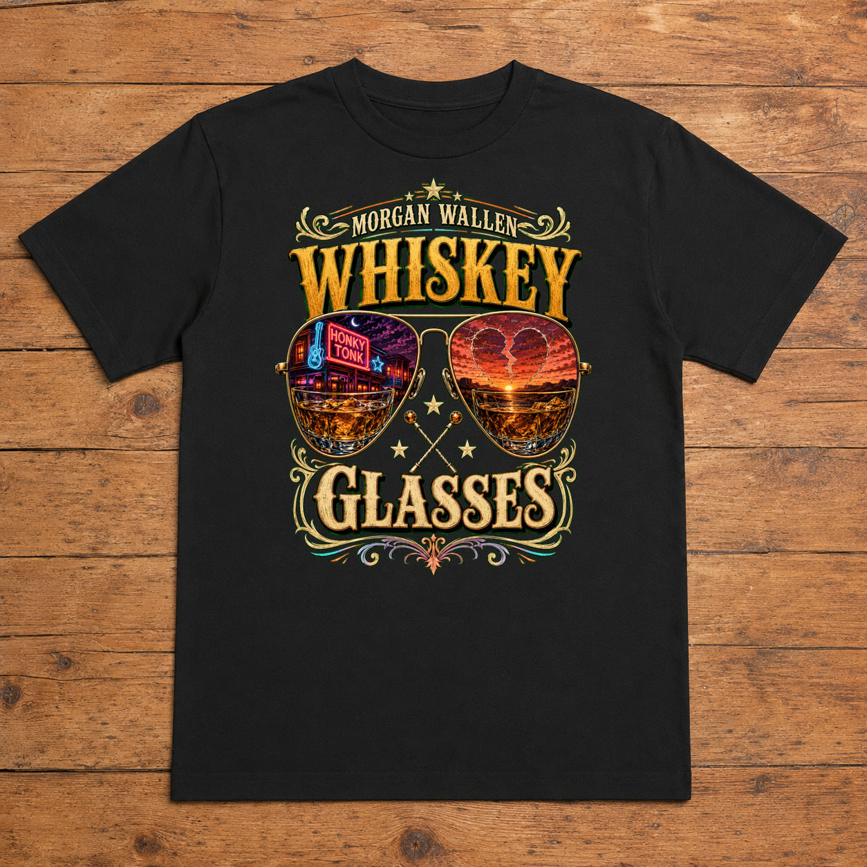 Morgan Wallen Whiskey Glasses Premium DTF T-Shirt flat lay showing large back print