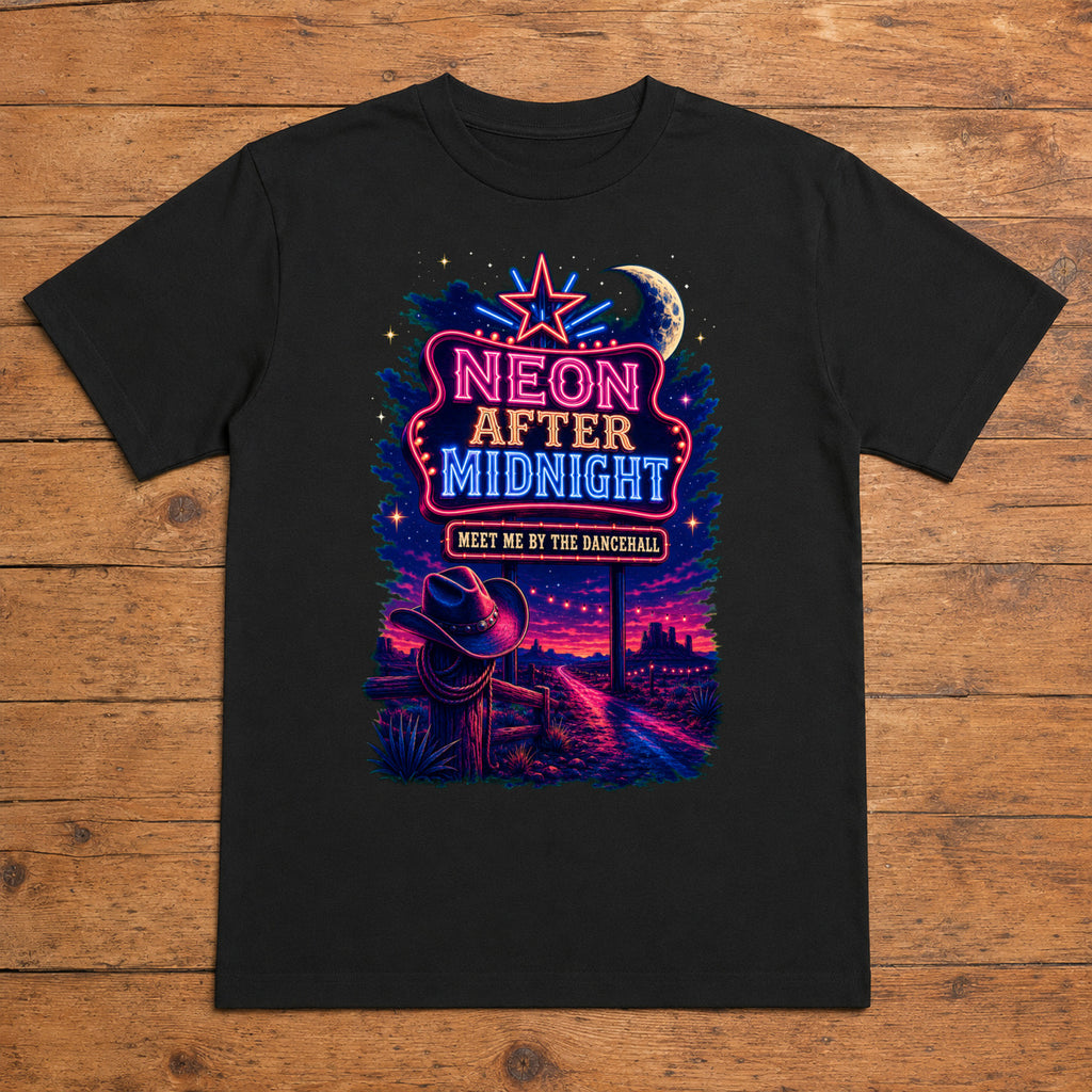 Neon After Midnight black country dancehall T-shirt flat lay with large back print
