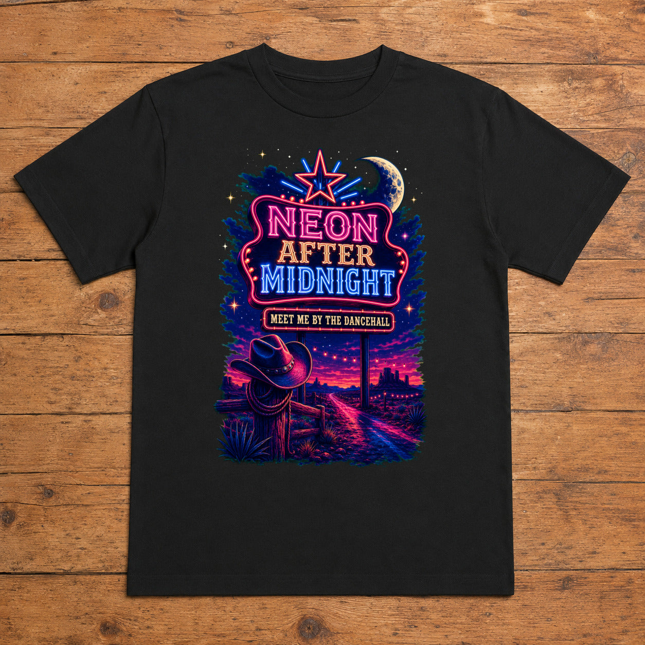 Neon After Midnight black country dancehall T-shirt flat lay with large back print