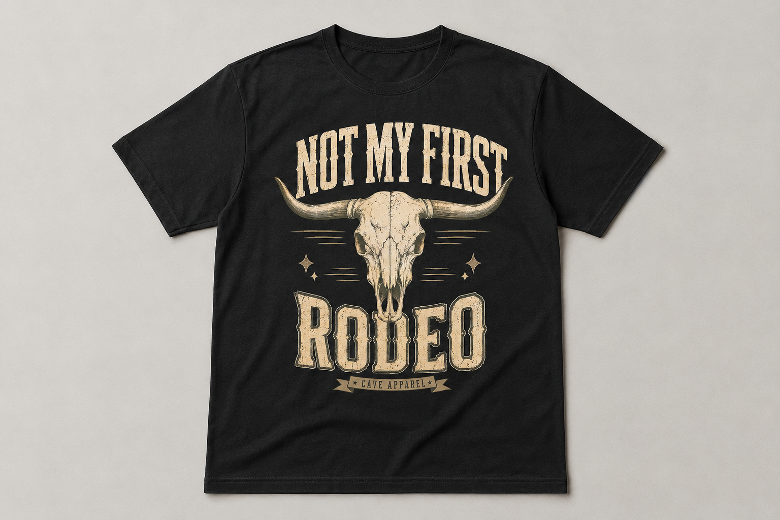 Not My First Rodeo Cave Apparel black T-shirt