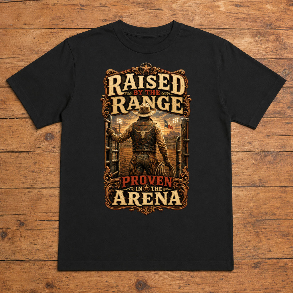 Raised by the Range black country rodeo T-shirt flat lay with large back print