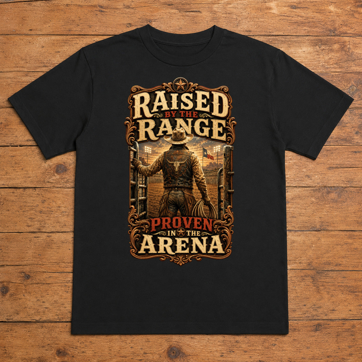 Raised by the Range black country rodeo T-shirt flat lay with large back print