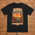 Rodeo Roadtrip black rodeo country T-shirt flat lay with large back print