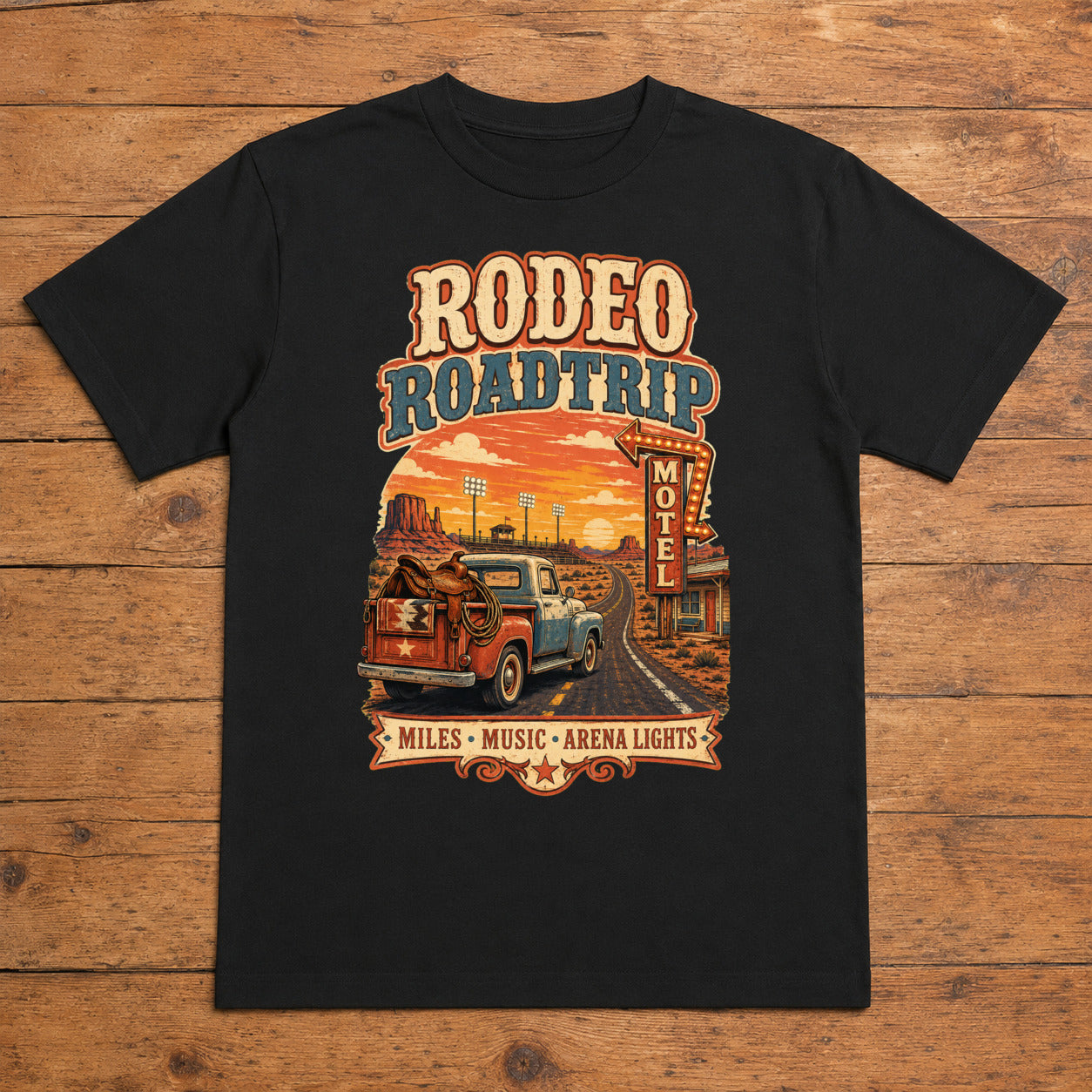Rodeo Roadtrip black rodeo country T-shirt flat lay with large back print