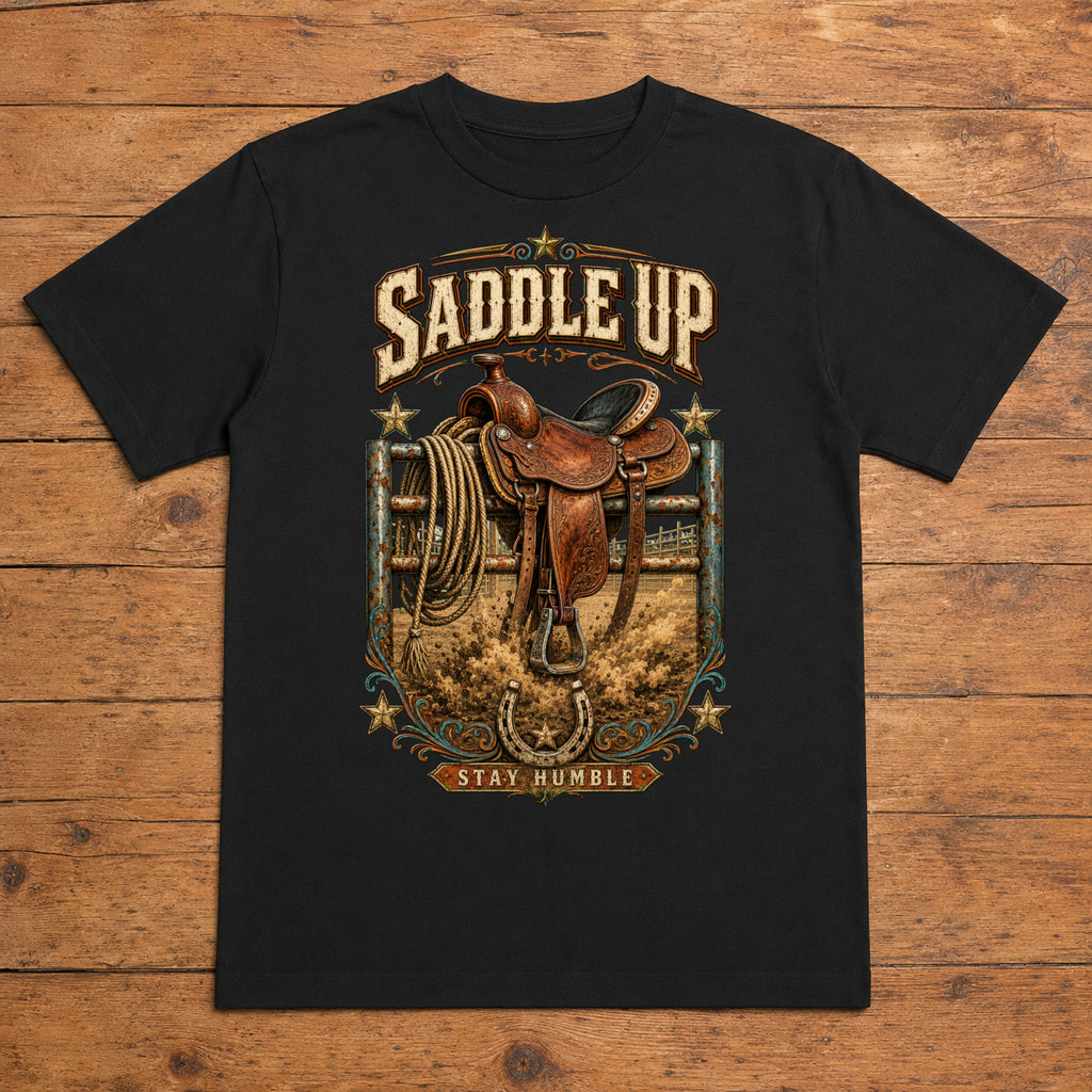 Saddle Up Stay Humble black rodeo western T-shirt flat lay with large back print