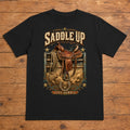 Saddle Up Stay Humble black rodeo western T-shirt flat lay with large back print