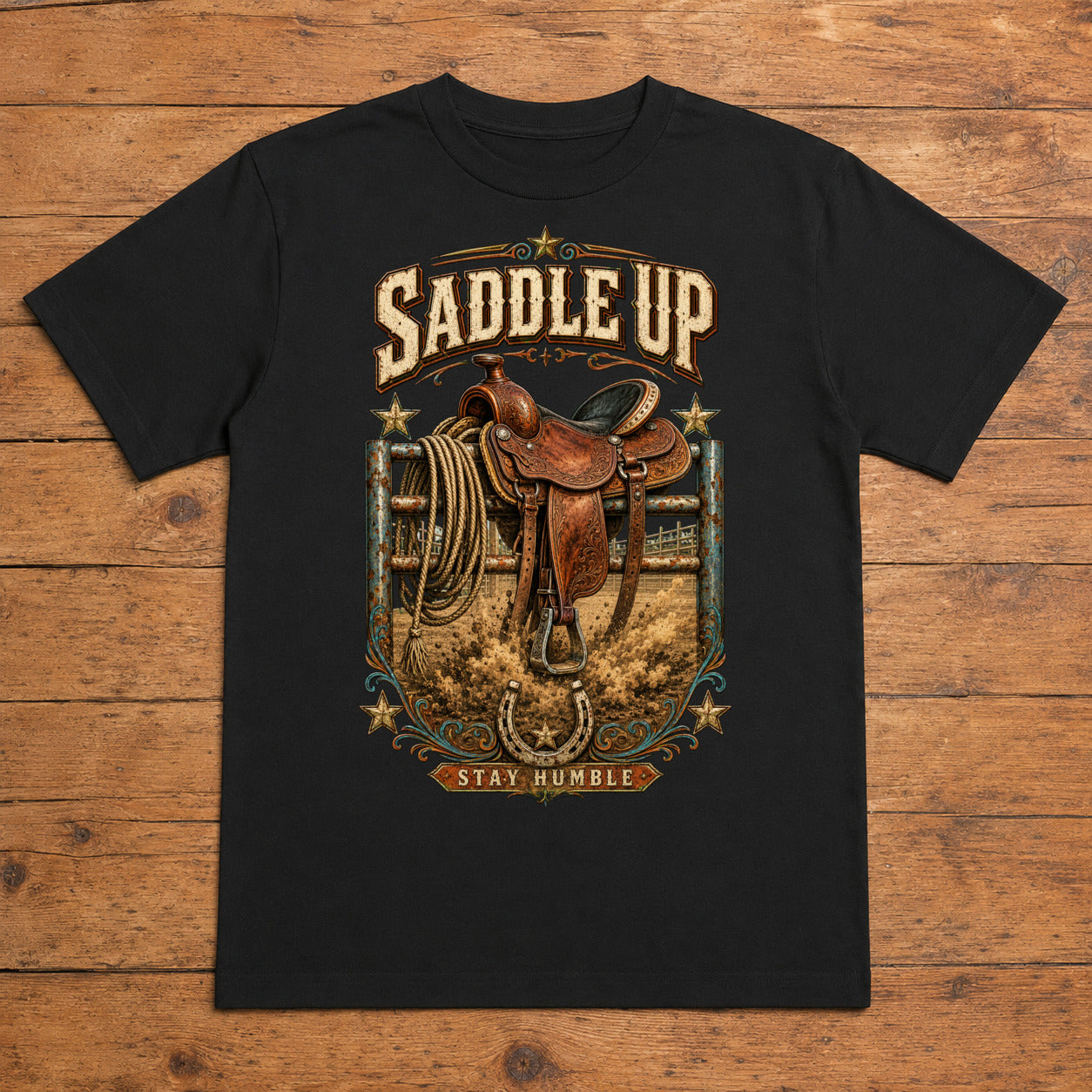 Saddle Up Stay Humble black rodeo western T-shirt flat lay with large back print