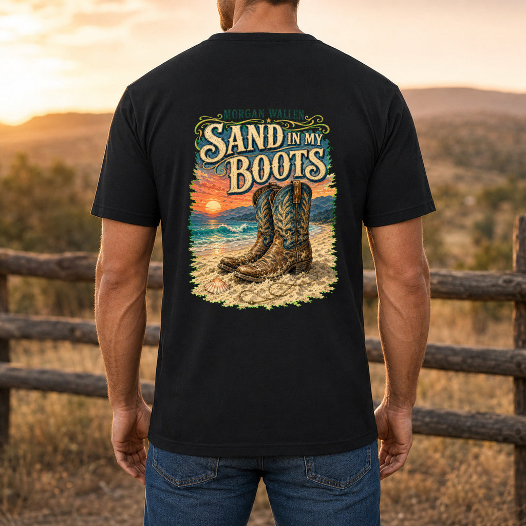 Morgan Wallen Sand in My Boots Premium DTF T-Shirt men’s back fit showing DTF print