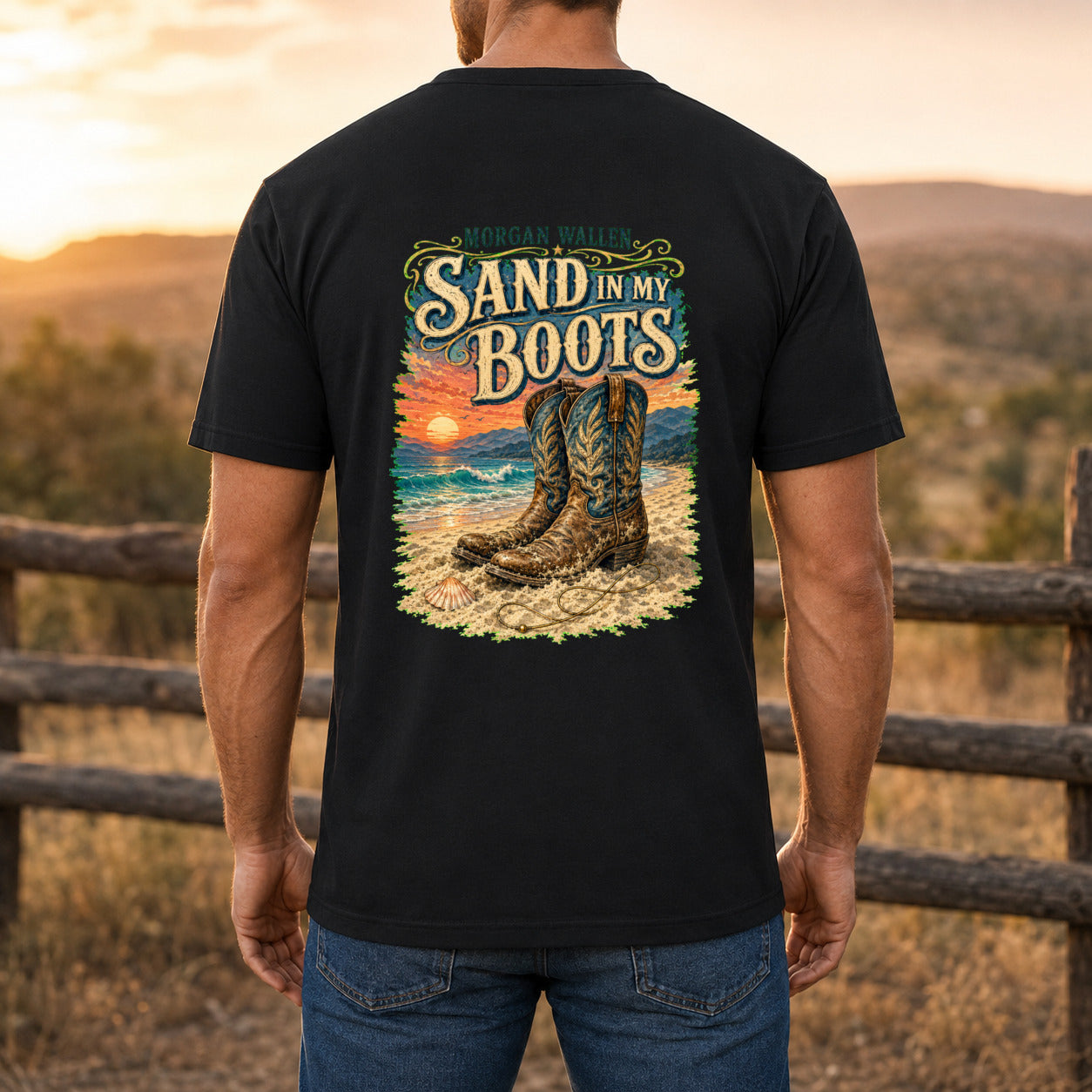 Morgan Wallen Sand in My Boots Premium DTF T-Shirt men’s back fit showing DTF print