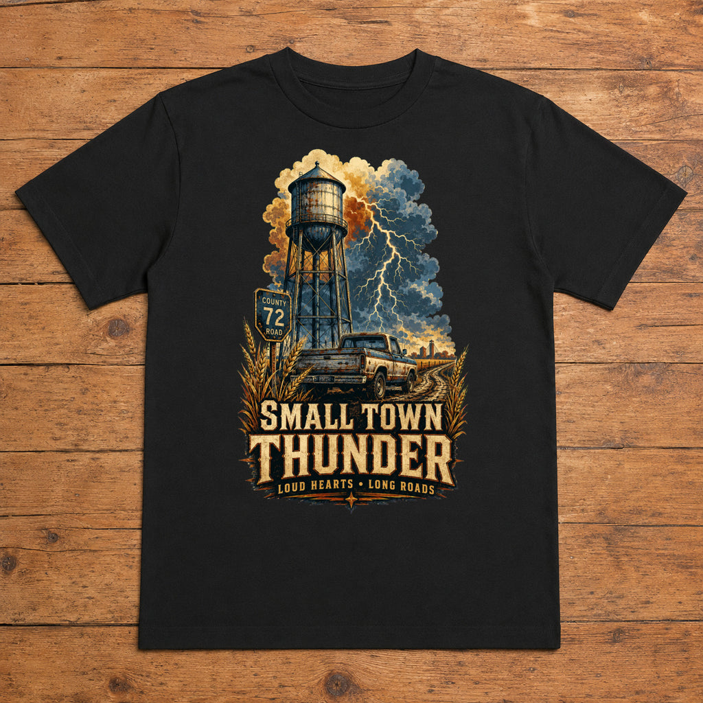 Small Town Thunder black small town country T-shirt flat lay with large back print