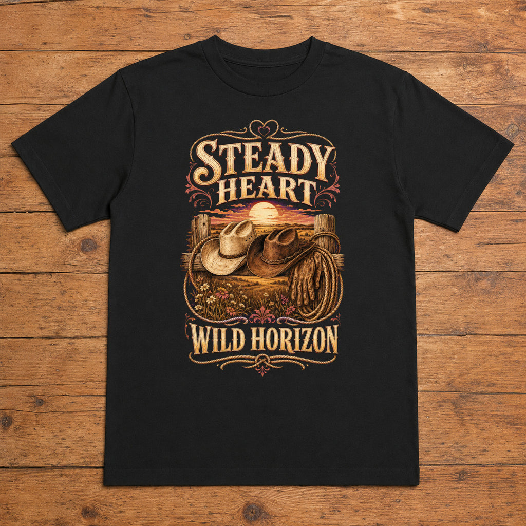 Steady Heart Wild Horizon black western T-shirt flat lay with large back print