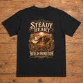 Steady Heart Wild Horizon black western T-shirt flat lay with large back print