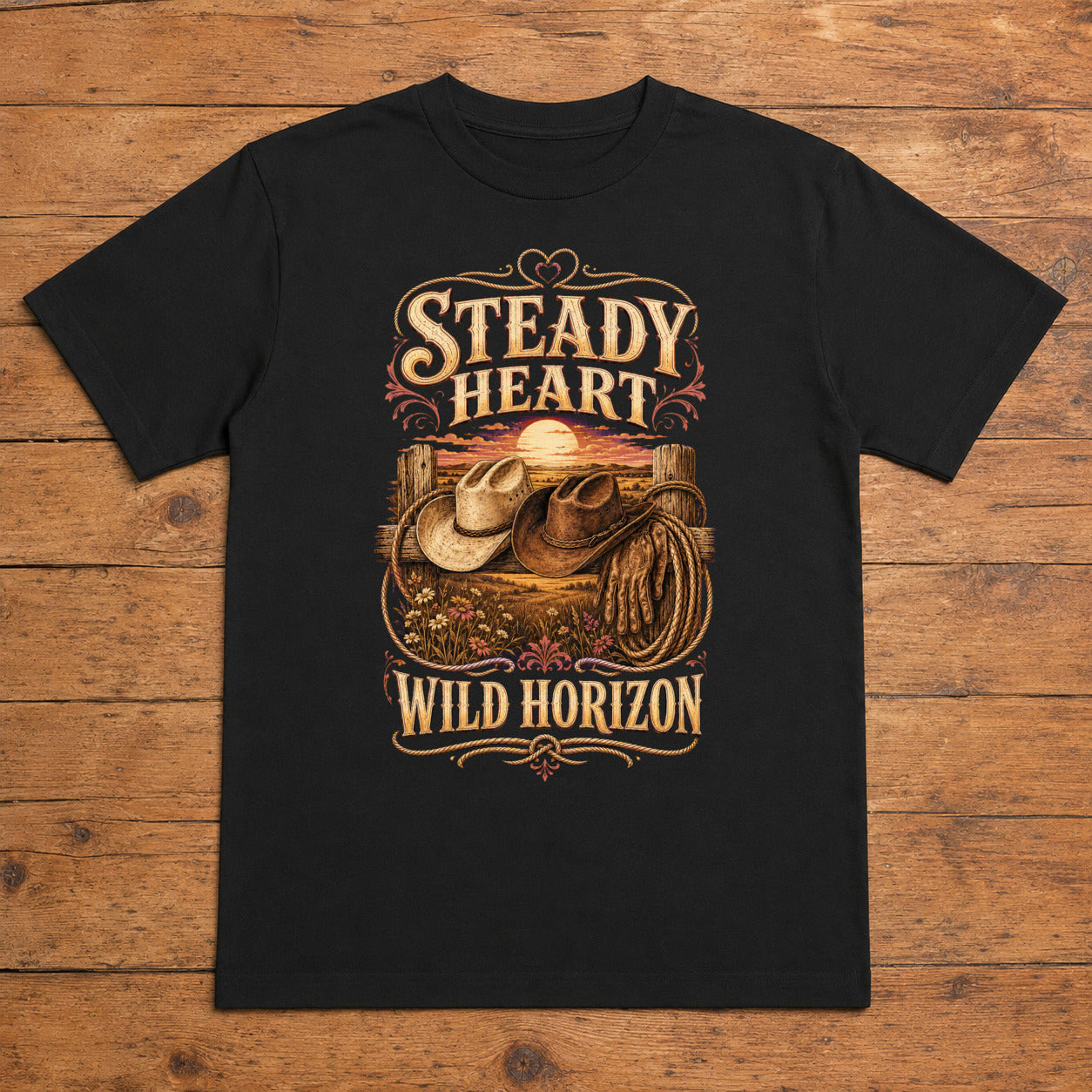 Steady Heart Wild Horizon black western T-shirt flat lay with large back print
