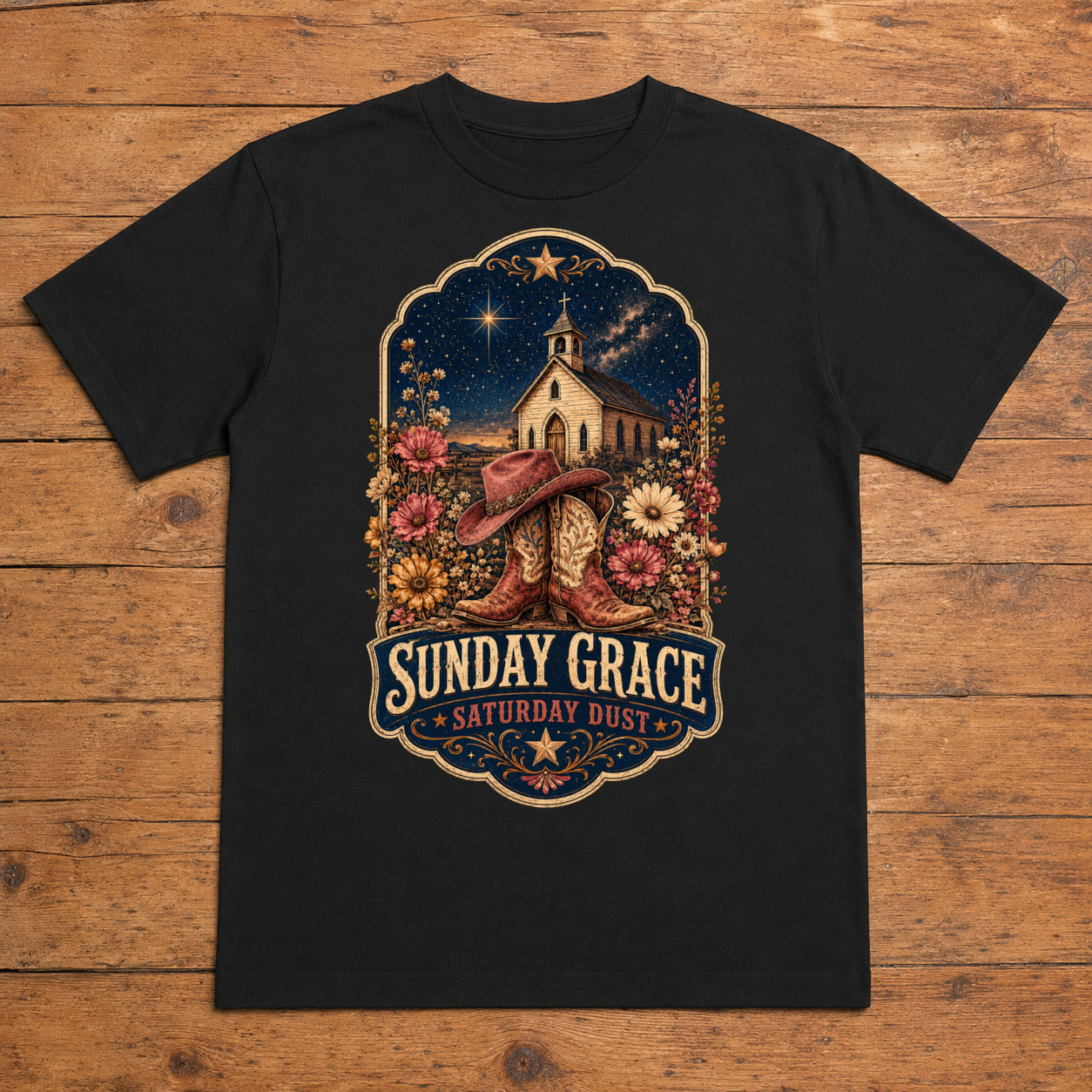 Sunday Grace Saturday Dust black country western T-shirt flat lay with large back print