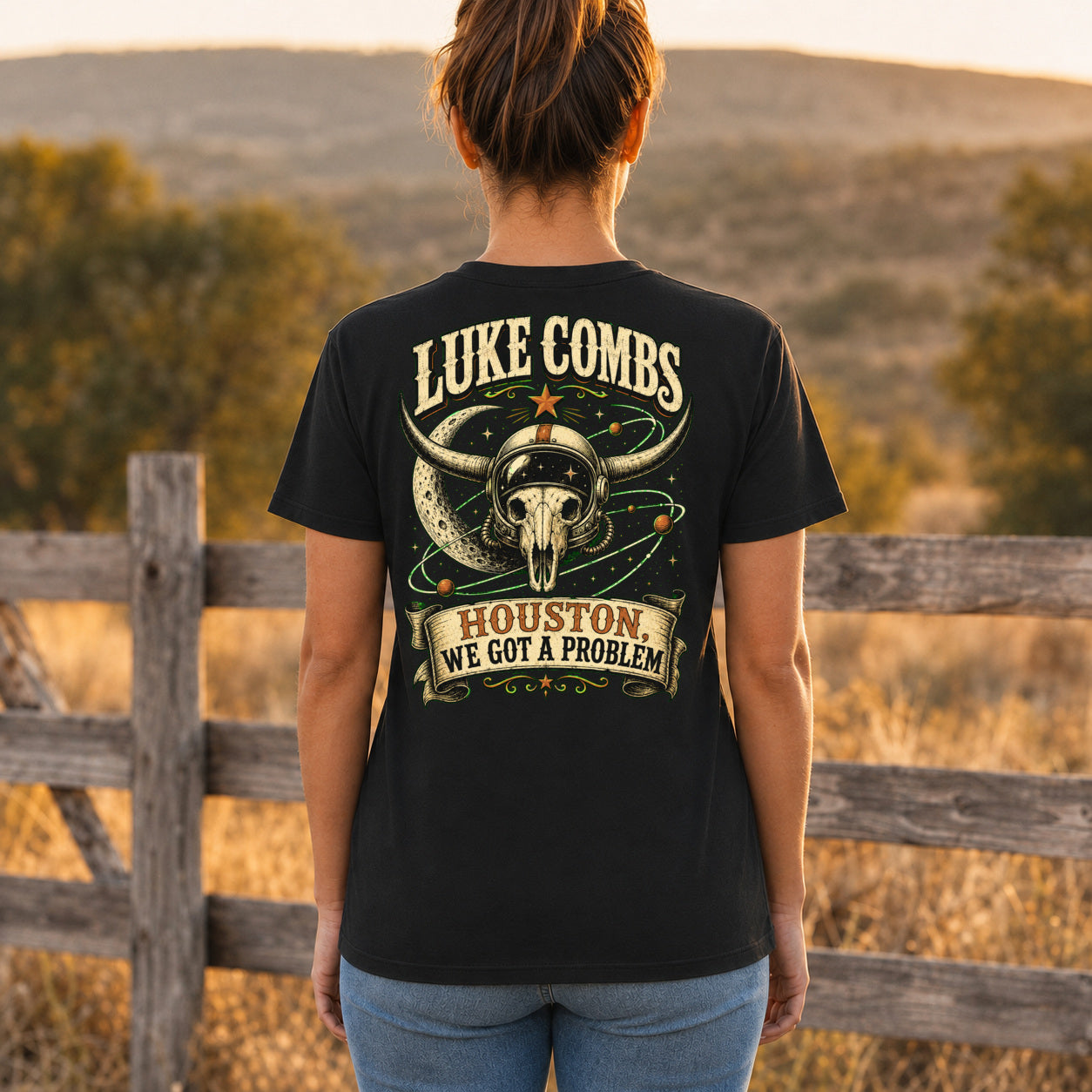 Luke Combs “Houston, We Got a Problem” Back-Print T-Shirt female back-view mockup