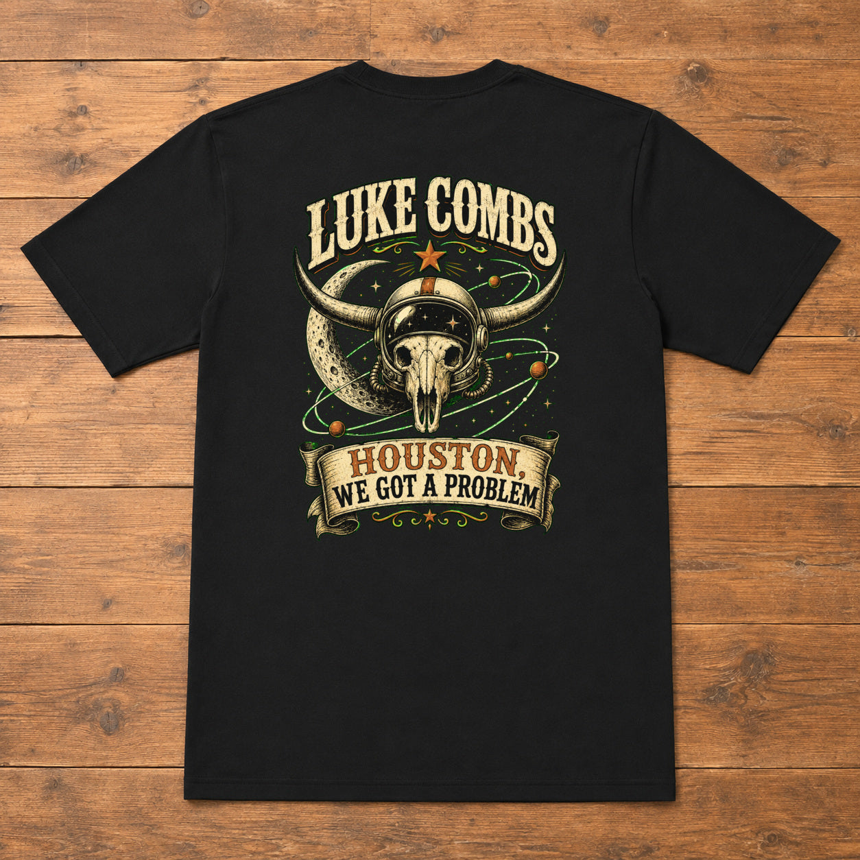 Luke Combs “Houston, We Got a Problem” Back-Print T-Shirt flat-lay back view