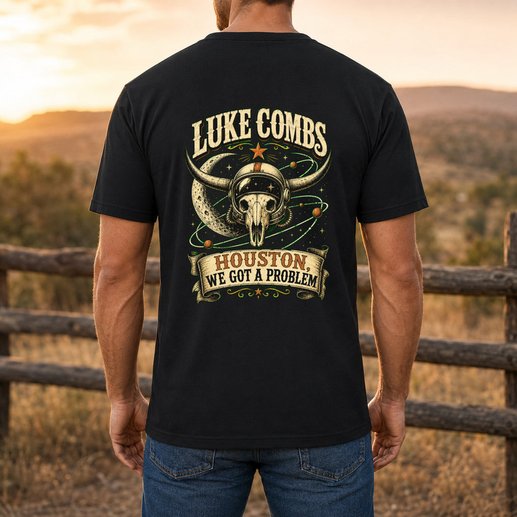 Luke Combs “Houston, We Got a Problem” Back-Print T-Shirt male back-view mockup