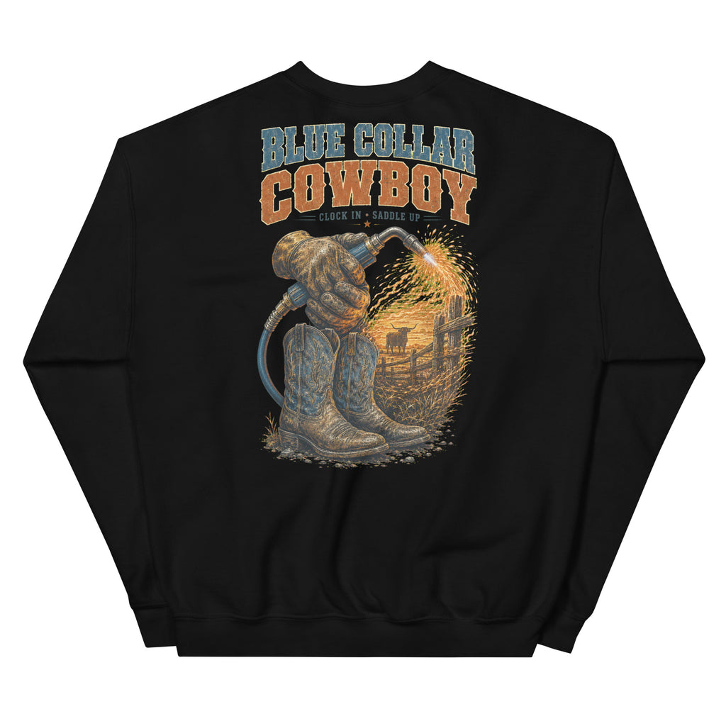 Blue Collar Cowboy Western Sweatshirt in Black — back design mockup
