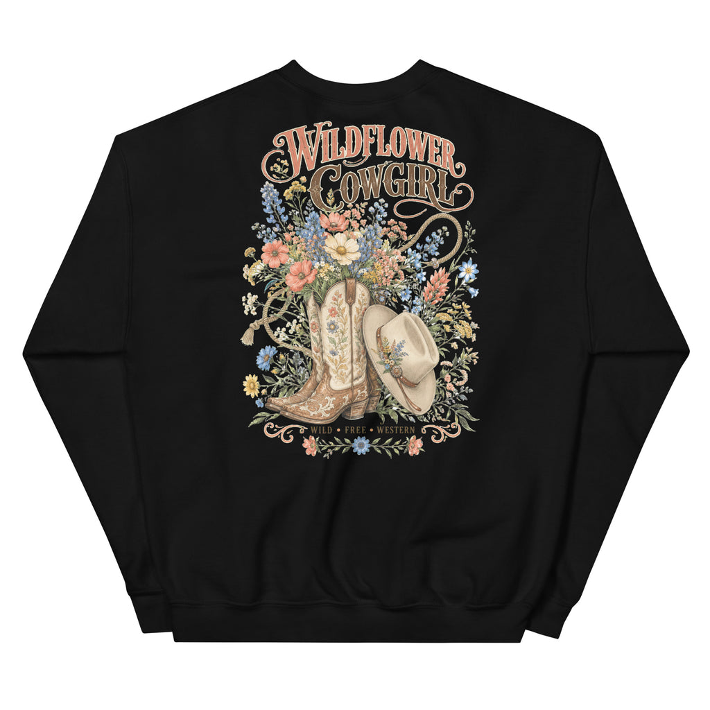 Wildflower Cowgirl Western Sweatshirt in Black — back design mockup