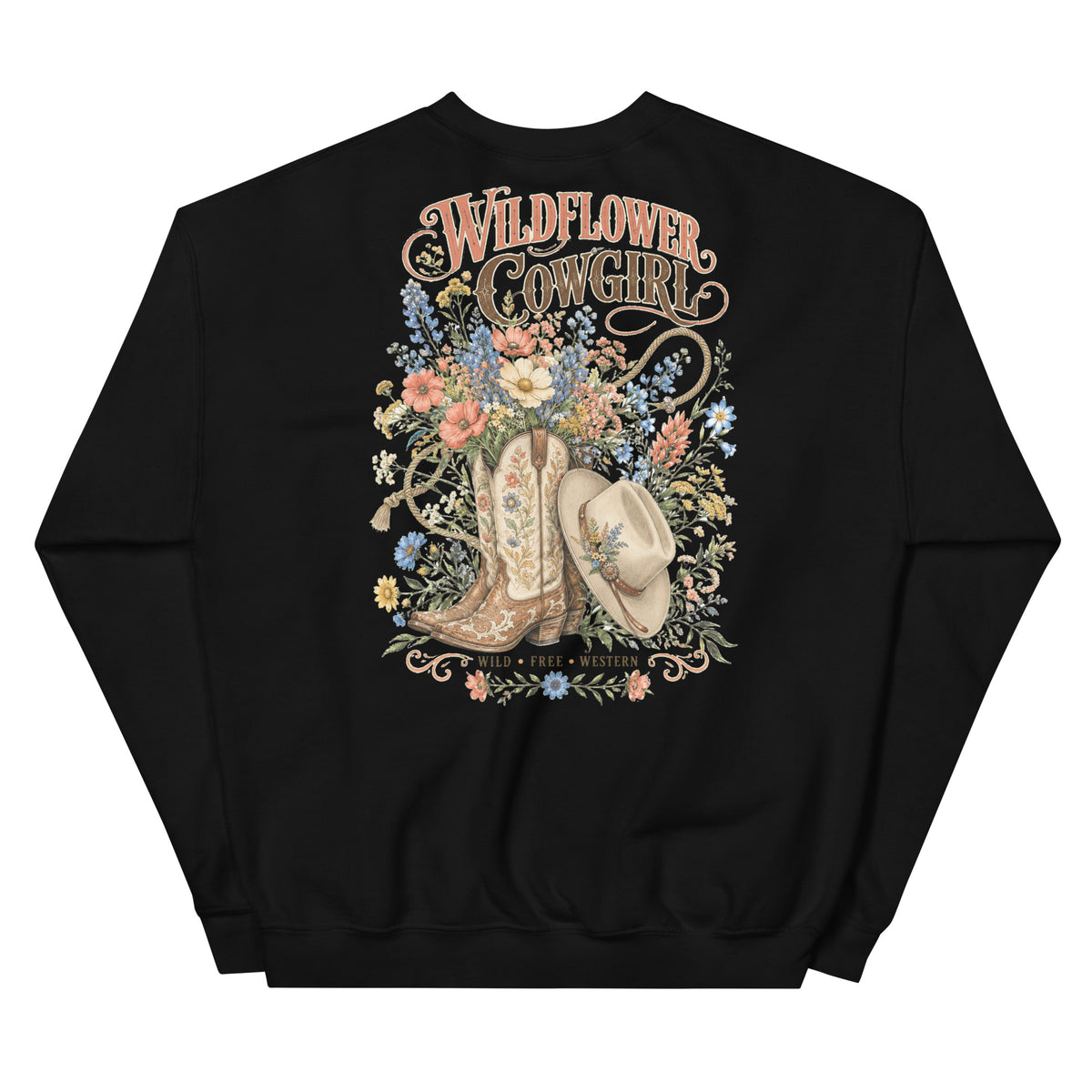 Wildflower Cowgirl Western Sweatshirt in Black — back design mockup